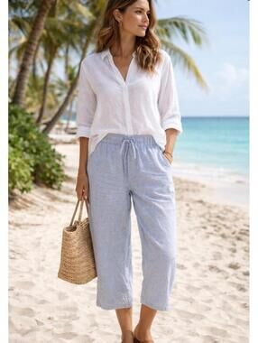 Chico's 100% Linen Pants Womens Size 1R Blue White Stripe Wide Leg Summer Beach